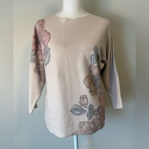 Sioni Beige Floral Knit Sweater Long Sleeve Size S